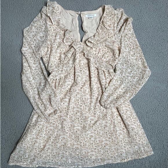 American Eagle Outfitters Dresses & Skirts - American Eagle Mini Dress Small Milkmaid Ruffle Long Sleeve Floral Pink Cottage
